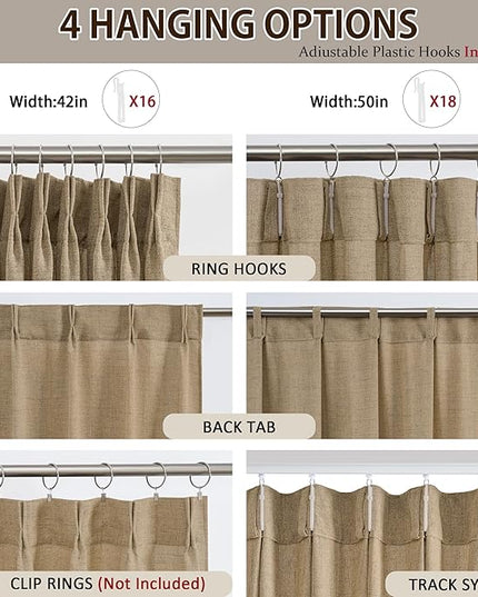 Dark Flax Pinch Pleated Linen Curtains 120 Inches Long Semi Sheer Memory Trained Ripple Fold Curtain with Hooks Back Tab Textured Light Filtering Drapes for Bedroom Living Room 42x120 Set of 2