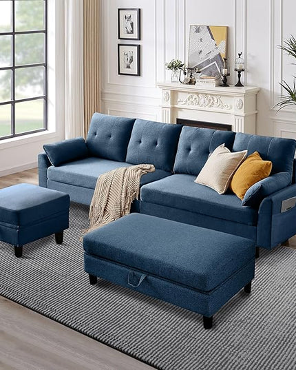 Convertible Sectional Sofa, Modern L Shaped Couch,Linen Fabric 4-Seat Sofa Set with Storage Ottoman and Coffee Table for Living Room,Blue