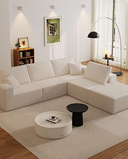 139" Boneless Cloud Sectional Couch for Living Room, Compressed Modular L-Shaped Sofa with Deep Seat, Frameless Corduroy Couch in Boxes, No Assembly Required 4-Seater (Left-Facing Chaise, Beige)