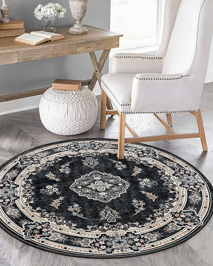 MUJOO Black Round Rug 4ft,Circle Washable Area Rugs for Bedroom Living Room Bathroom,Vintage Bohemian Distressed Farmhouse Non Slip Circular Carpet,Floral