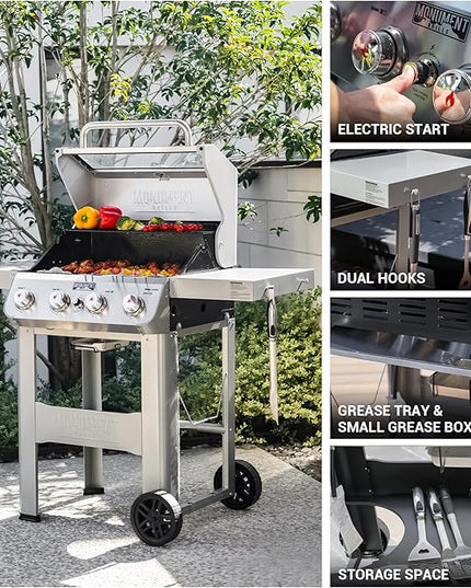 Monument Grills 4-Burner Liquid Propane Gas Grill, Silver Stainless Steel Grill Outdoor Patio Garden Barbecue Grill with Clearview® Lid and One Foldable Shelf, Mesa400MF