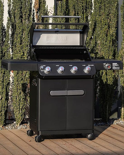 Monument Grills Outdoor Barbecue Stainless Steel 4 Burner Propane Gas Grill, 52,000 BTU Patio Garden Barbecue Grill with Side Burner and Knob Controls, Mesa425 with BBQ Cover