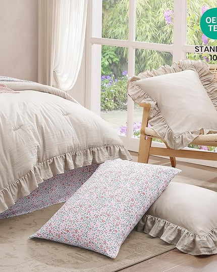 Full Comforter Set - 7 Pieces Ruffle Beige Bedding Sets, Shabby Chic Farmhouse Bed in a Bag Full with Ruffle Comforter, Floral Sheets, Pillowcases & Shams