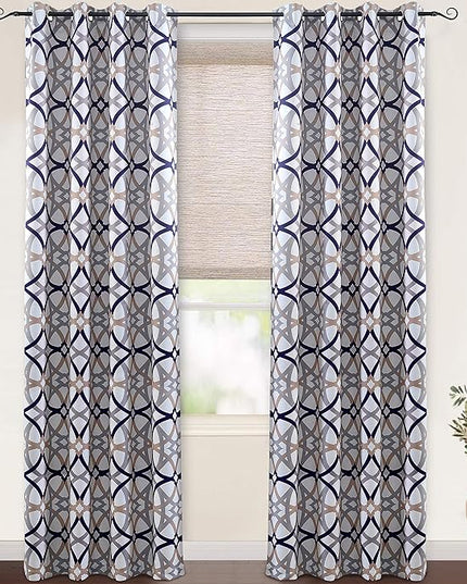 DriftAway Alexander 80% Blackout Curtains for Living Room 250GSM Pattern Match Thermal Insulated Room Darkening Geo Moroccan Mid Century Grommet Bedroom Drapes 2 Panels 52 Inch by 108 Inch Navy Gray