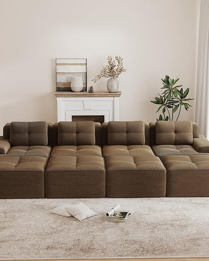 Hommoo Oversized Modular Sectional Sofa, 8 Seat Sleeper Sofa Bed, Comfy Corduroy Couch with Deep Seat, 153”Convertible Boneless Couch with Ottoman for Living Room No Assembly Required Brown