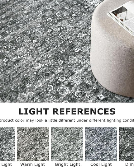 2x6 Runner Washable Rug for Hallways, Moss Charcoal Soft Neutral Vintage Kitchen Rugs with Non-Slip, Non-Shedding Distressed Floral Rug for Entryway Porch Kitchen Bedroom Laundry