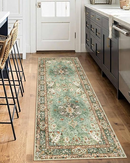Washable Runner Rug 2x6,Green Rug Runners Non Slip,Long Boho Rugs for Hallways Kitchen Bedroom Entryway Living Room Bathroom,Vintage Bohemian Distressed Oriental Floor Carpet