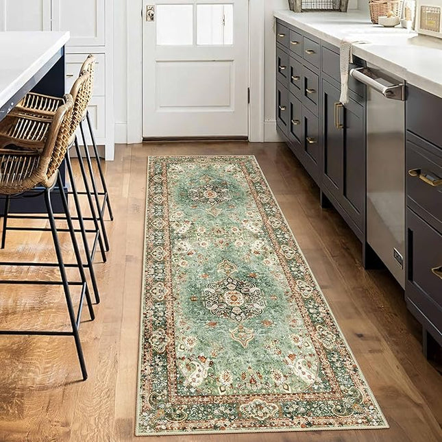 Washable Runner Rug 2x6,Green Rug Runners Non Slip,Long Boho Rugs for Hallways Kitchen Bedroom Entryway Living Room Bathroom,Vintage Bohemian Distressed Oriental Floor Carpet