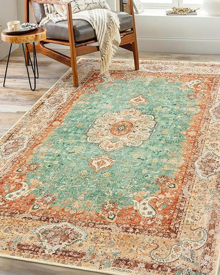 Boho Rug 3x5,Washable Area Rugs for Bedroom Living Room Kitchen Entryway,Small Boho Vintage Bohemian Distressed Farmhouse Non Slip Carpet,Retro Orange Green Floral