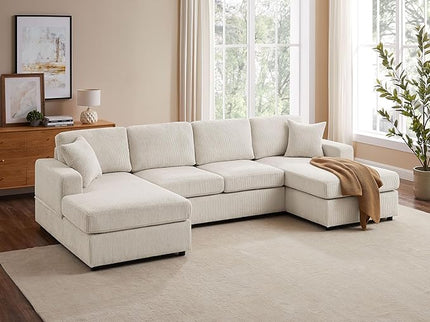 VANOMi 118'' U Shaped Sectional Sofa Couch, Corduroy Fabric Modern Cozy Jumbo Size 4-Seater Living Room Couch, Double Chaise Longue, Beige