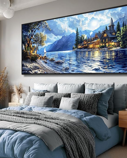 XIGUANGART Large Canvas Wall Art Blue Ocean Picture Mountain Wall Decor Lake Beside Countryside Coastal Framed Artwork for Living Room Bedroom Home Office Hotel Forest Scenery Painting Decoration