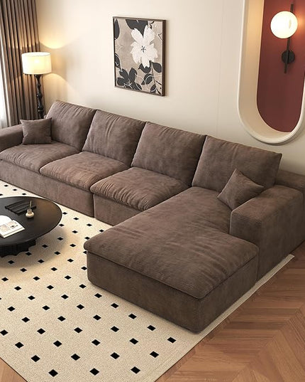 136.6'' L-Shaped Modern Modular Sectional Cloud Couch, 4-Seat Chenille Deep-Seat Sofa with Pillow for Living Room, Bedroom, Apartment, Camel