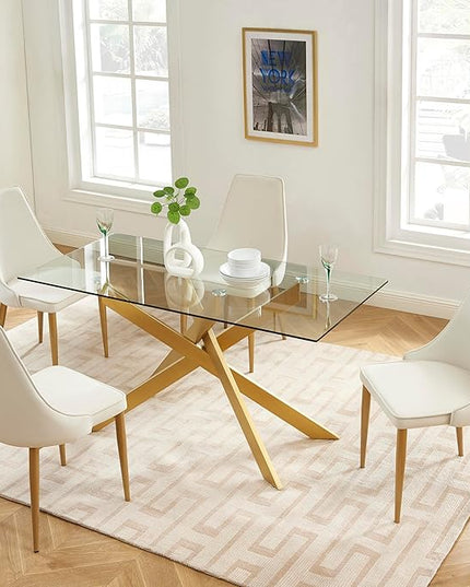 Edwin's Choice 58.5” Rectangle Glass Dining Table, Tempered Glass Table Top and Metal Tubular Legs, Modern Style Table for Home, Kitchen, Dining Room 58.5”Lx29”Wx30”H, Gold