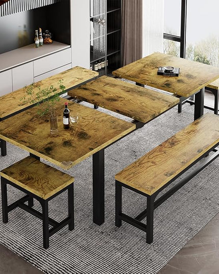 iPormis 5-Piece Dining Table Set for 4-8 People, Extendable Kitchen Table Set with 2 Benches and 2 Square Stools, Mid-Century Dining Room Table with Metal Frame & MDF Board, Saving Space, Rustic Brown