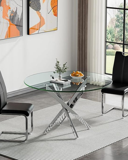 HomVent Round Glass Dining Table Set for 2, 3-Piece Modern Kitchen Table Set with 2 PU Upholstered Chair for Kitchen Dining Room, Glass Dining Room Table Set