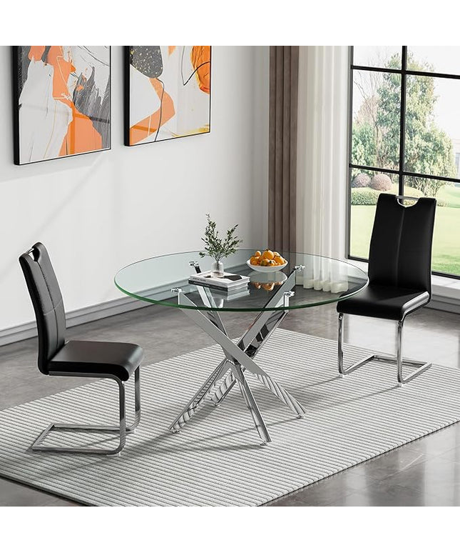 HomVent Round Glass Dining Table Set for 2, 3-Piece Modern Kitchen Table Set with 2 PU Upholstered Chair for Kitchen Dining Room, Glass Dining Room Table Set