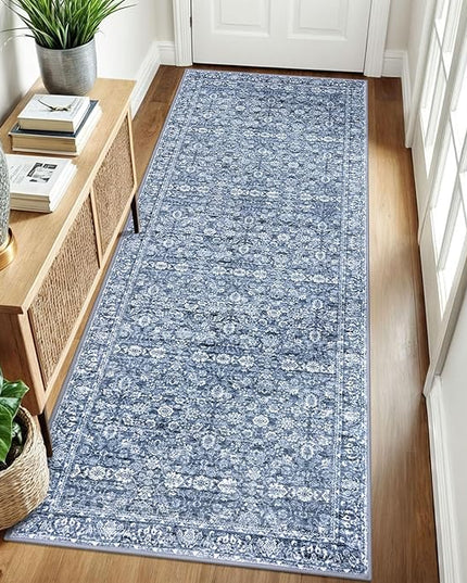 3x8 Washable Runner Rug for Kitchen, Blue Soft Classic Runner with Non-Slip, Non-Shedding Distressed Floral Rug for Hallways Entryway Bedroom Bathroom Laundry Indoor