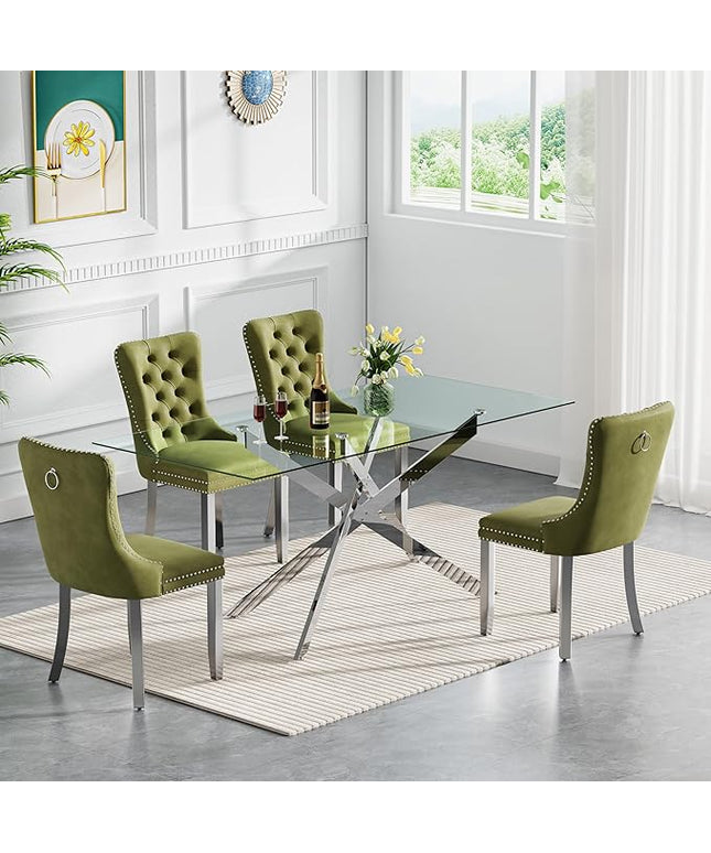 Rectangle Glass Dining Table Set for 4, 60'' Kitchen Table and Chairs Set, 5PCS Modern Dining Room Table Set with 4 Velvet Dining Chair for Home