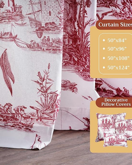 Maison d' Hermine Curtains for Living Room 100% Cotton 124 inch Length Two Panels Light Filtering Toile Curtains for Bedroom with Rod and Loop Pockets (Calais Red (White Background), 50" W x 124" L)