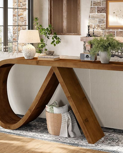 Solid Wood Console Table, 57" Curved Entryway Table, Narrpw Long Sofa Table Behind Couch, Farmhouse Accent Tables for Hallway, Entrance, Foyer, Living Room, Walnut Brown