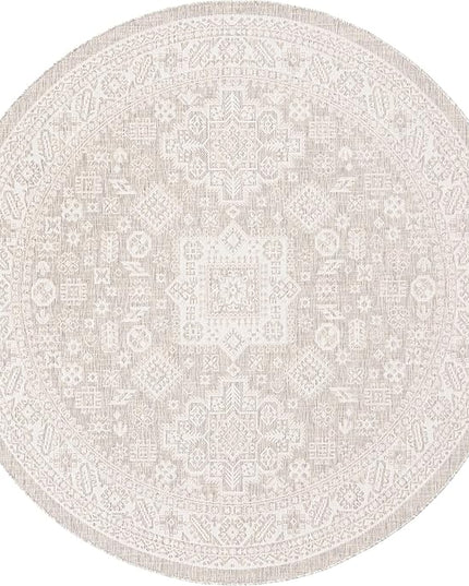 Rugs.com Outdoor Aztec Collection Rug – 8 Ft Round Light Gray Flatweave Rug Perfect for Kitchens, Dining Rooms