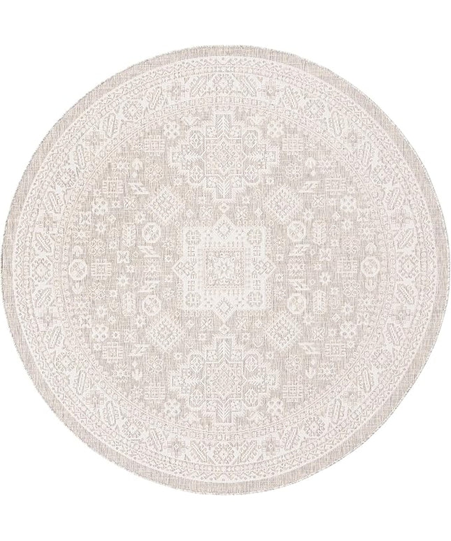 Rugs.com Outdoor Aztec Collection Rug – 8 Ft Round Light Gray Flatweave Rug Perfect for Kitchens, Dining Rooms