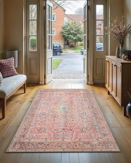 GLN Rugs Traditional Collection - Machine Washable Area Rug, Traditional Washable, Non Slip, Low Pile Chenille Rug, Living Room, Bedroom, Kitchen Rug (2'6"x7' Pink Vintage)