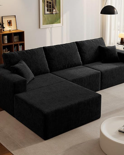 110" Boneless Cloud Sectional Couch for Living Room, Compressed Modular L-Shaped Sofa with Deep Seat, Frameless Corduroy Couch in Boxes, No Assembly Required 3-Seater (Left-Facing Chaise, Black)