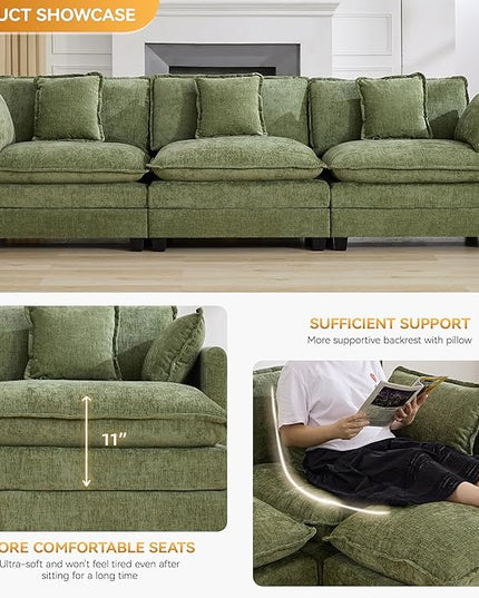111'' Sectional Cloud Deep Seat Couch, Modern Comfy Chenille Modular Sectional Sofa for Living Room Set, Upholstered Modular 3-Seats Sofa Couch, Green