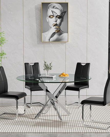 HomVent Round Glass Dining Table Set for 4, 5-Piece Modern Kitchen Table Set with 4 PU Upholstered Chair for Kitchen Dining Room, Glass Dining Room Table Set