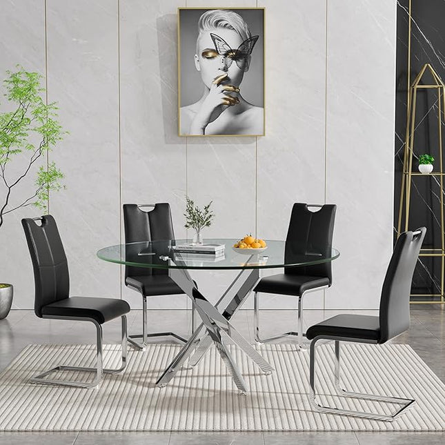 HomVent Round Glass Dining Table Set for 4, 5-Piece Modern Kitchen Table Set with 4 PU Upholstered Chair for Kitchen Dining Room, Glass Dining Room Table Set