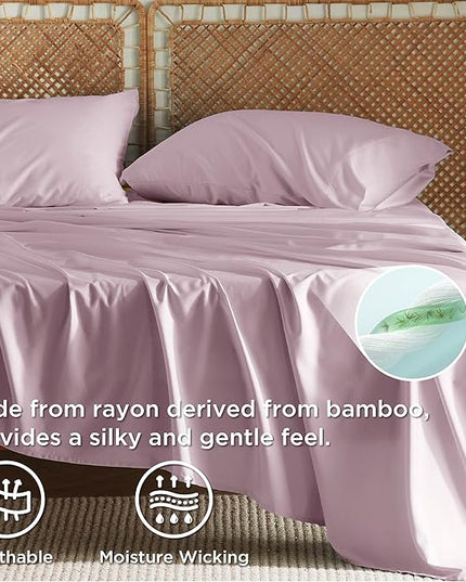 Bedsure King Size Sheets Set, Cooling Sheets for Hot Sleepers, Rayon Derived from Bamboo, Breathable & Soft, Deep Pocket Up to 16 Inches, Hotel Luxury Silky Bedding, Lavender