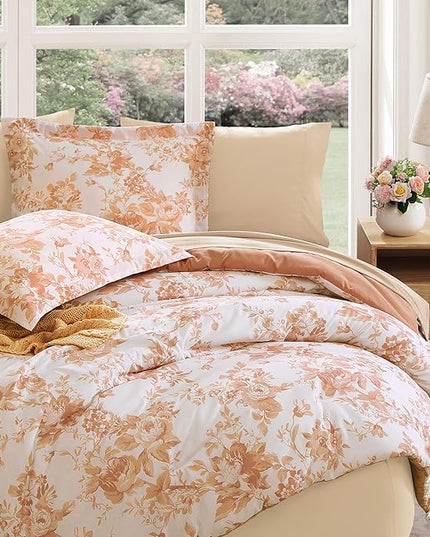 Full Comforter Set -7 Pieces Autumn Leaf Floral Comforter Set for All Seasons, Bed in a Bag Full with Botanical Flowers Comforter, Sheets, Pillowcases & Shams