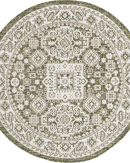Rugs.com Outdoor Aztec Collection Rug – 4 Ft Round Green Flatweave Rug Perfect for Kitchens, Dining Rooms