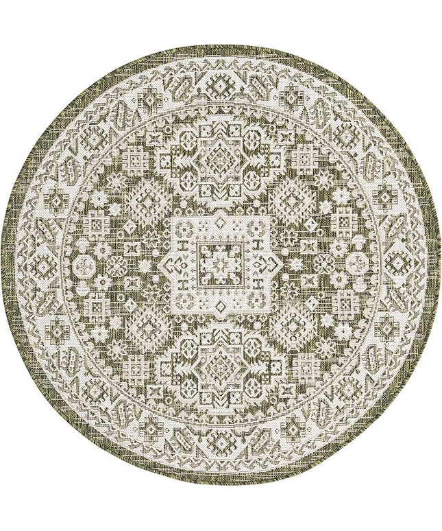 Rugs.com Outdoor Aztec Collection Rug – 4 Ft Round Green Flatweave Rug Perfect for Kitchens, Dining Rooms