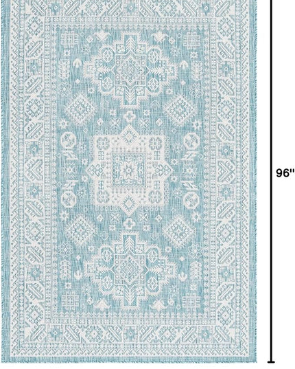 Rugs.com Outdoor Aztec Collection Rug – 5' x 8' Aqua Flatweave Rug Perfect for Living Rooms, Large Dining Rooms, Open Floorplans