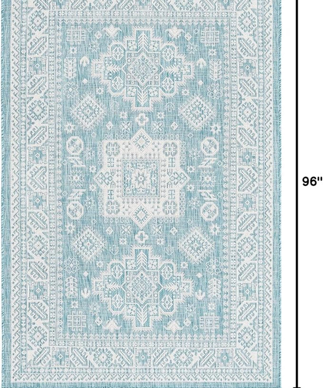 Rugs.com Outdoor Aztec Collection Rug – 5' x 8' Aqua Flatweave Rug Perfect for Living Rooms, Large Dining Rooms, Open Floorplans