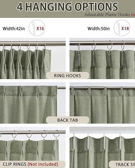 RAIN CITY 96 Inch Long Curtains Pinch Pleat, Back Tab Track System Sheer Pleated Curtains for Bedroom Village Dining Room,Country Farmhouse 96 Length 2 Panel Set,Sage Green Color 42 Inches Wide