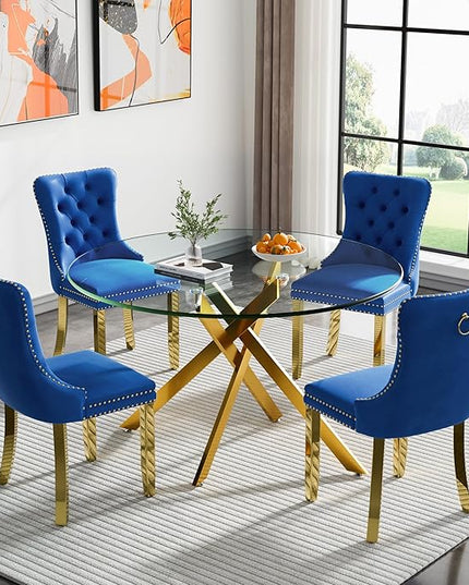 Round Glass Dining Table Set for 4, 47'' Clear Circular Kitchen Table and Chairs Set, 5PCS Modern Circle Dining Room Table Set with 4 Velvet Dining Chair for Home