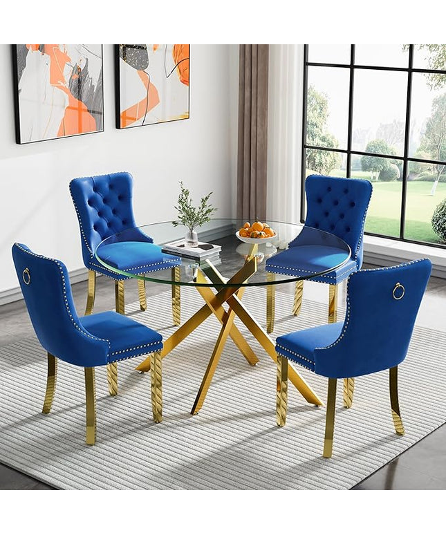 Round Glass Dining Table Set for 4, 47'' Clear Circular Kitchen Table and Chairs Set, 5PCS Modern Circle Dining Room Table Set with 4 Velvet Dining Chair for Home