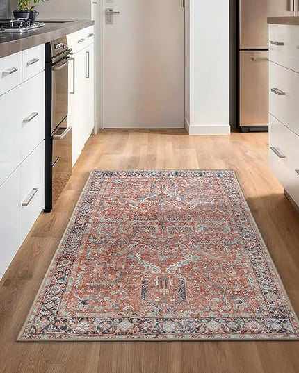 GLN Rugs Traditional Collection - Machine Washable Area Rug, Traditional Washable, Non Slip, Low Pile Chenille Rug, Living Room, Bedroom, Kitchen Rug (2'6"x7' Terra Cotta)