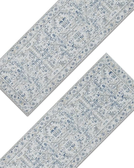 jinchan Lima Kitchen Runner Rug 2x10-2pcs, Bohemian Hallway Rug Washable Floral Non Slip with Rubber Backing Vintage Carpet Runner for Bedroom Bathroom Laundry Room Living Room Decor Blue