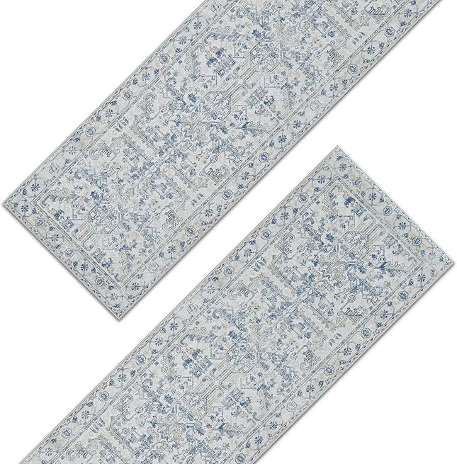 jinchan Lima Kitchen Runner Rug 2x10-2pcs, Bohemian Hallway Rug Washable Floral Non Slip with Rubber Backing Vintage Carpet Runner for Bedroom Bathroom Laundry Room Living Room Decor Blue