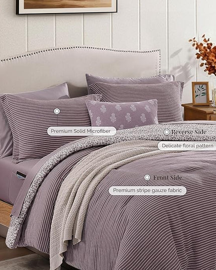 Full Comforter Set - 7 Pieces Deep Purple Gauze Muslin Bedding Sets for All Seasons, Lightweight Breathable Bed in a Bag Full with Revesible Farmhouse Comforter, Sheets, Pillowcases & Shams