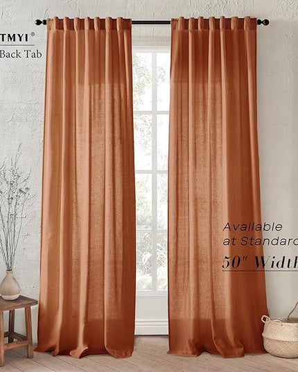 XTMYI Fall Curtains for Living Room,Back Tab Hooks Pleated Linen Sheer Burnt Orange Curtains 96 Inches Long for Bedroom Set 2 Panels