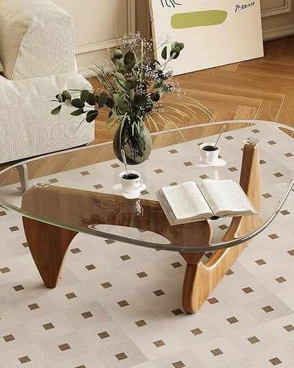 Coffee Table for Living Room Mid Century Modern Center Table with Glass Top and Wood, Transparent/Walnut