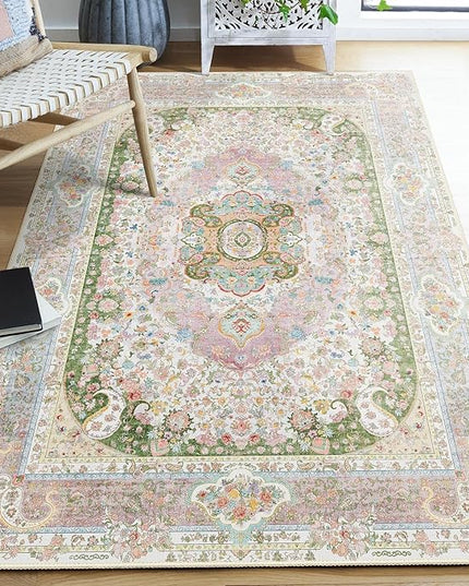 Pink Rug 4'x6.5',Washable Area Rugs for Bedroom Living Room Kitchen Entryway,Small Boho Vintage Bohemian Distressed Non Slip Carpet,Blush Green