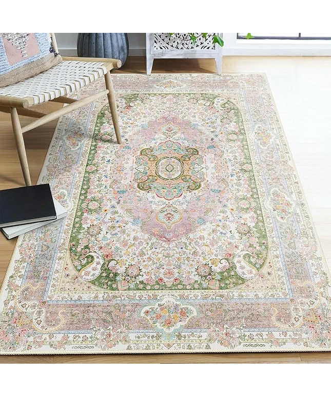 Pink Rug 4'x6.5',Washable Area Rugs for Bedroom Living Room Kitchen Entryway,Small Boho Vintage Bohemian Distressed Non Slip Carpet,Blush Green
