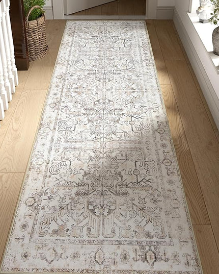 jinchan Lima Hallway Runner Rug 2x10 Washable - Vintage Floral Non Slip Low-Pile Soft Ultra-Thin Faux Wool Kitchen Rug Distressed Carpet Runner for Farmhouse Bedroom Laundry (2x10ft, Taupe)