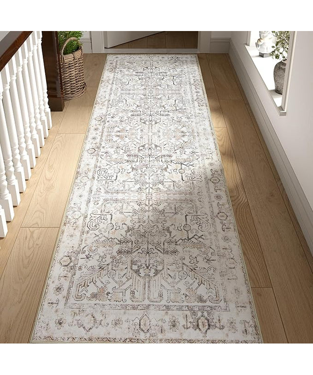 jinchan Lima Hallway Runner Rug 2x8 Washable - Vintage Floral Non Slip Low-Pile Soft Ultra-Thin Faux Wool Kitchen Rug Distressed Carpet Runner for Farmhouse Bedroom Laundry (2x8ft, Taupe)